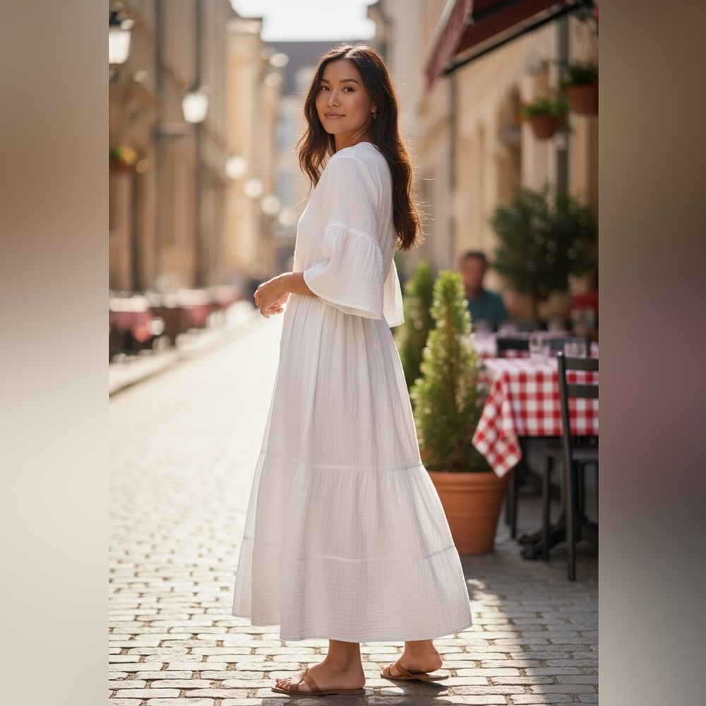 Saks 5th Ave White Gauze Linen Button Up Tiered Dress Midi Maxi Euro Summer Chic